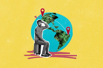 Composite trend artwork sketch photo collage of young man hand sit baggage relocate moving refugee find way geo point world map globe