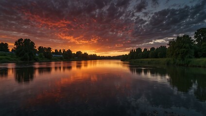 Obraz premium Long exposure of a panoramic sunset by a river