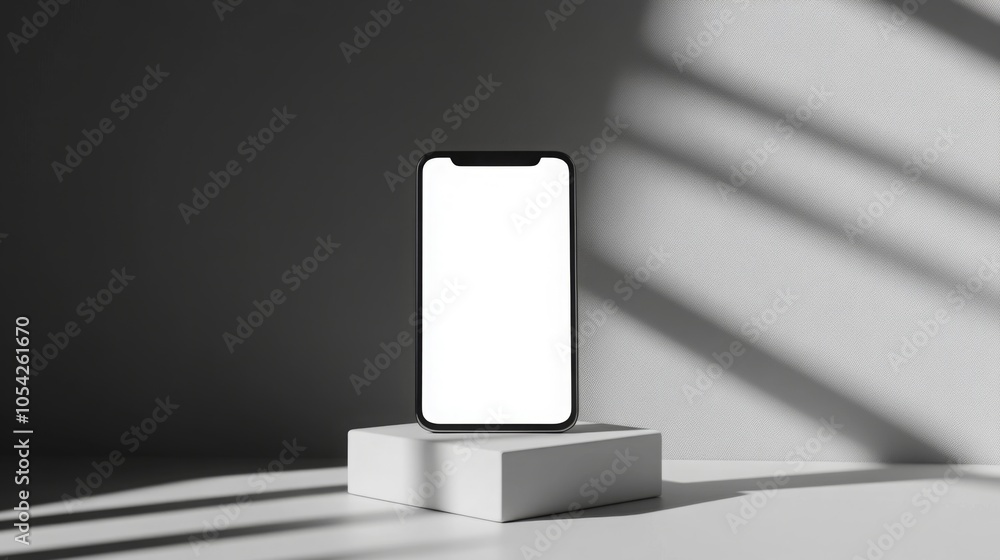 Poster a sleek smartphone stands upright on a clean pedestal in an elegant minimalist environment. soft sha
