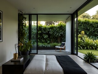 Fototapeta premium Lush garden view from a stylish modern room.