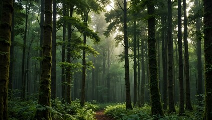 Obraz premium Lush green forest in the morning with evenly spaced trees.