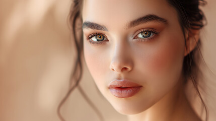 Obraz premium Close-up Portrait of a Woman with Soft Makeup and Delicate Features