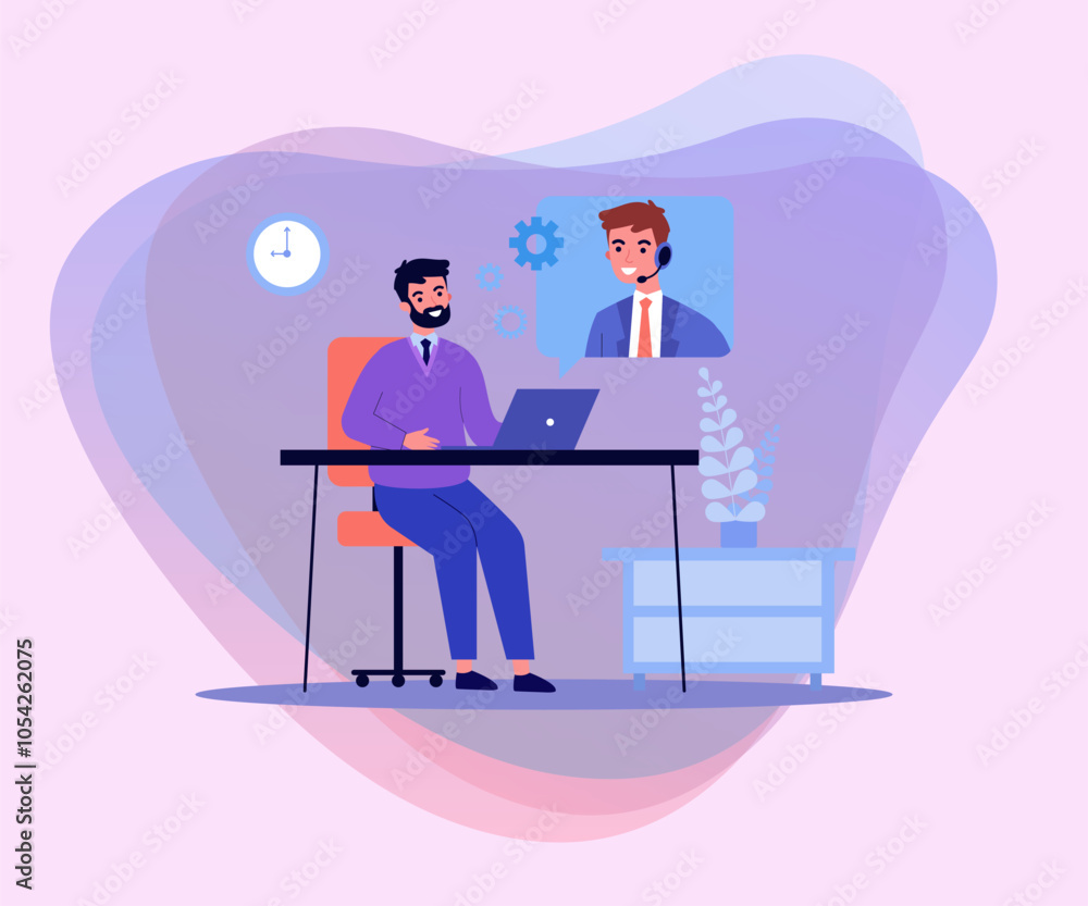 Poster man talking to web consultant vector illustration. cartoon virtual assistant advising client via cha