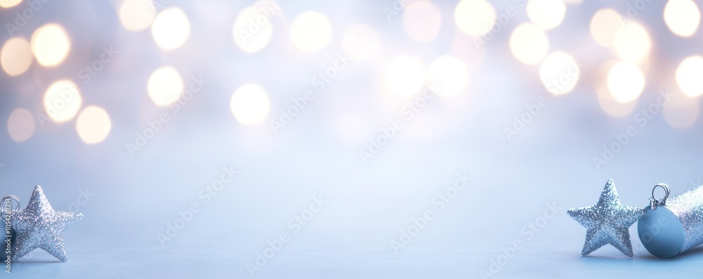 Poster sparkling stars and ornaments on a soft background with bokeh lights.