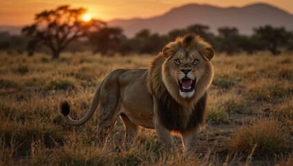 Majestic lion roaring in the African savanna at sunset.