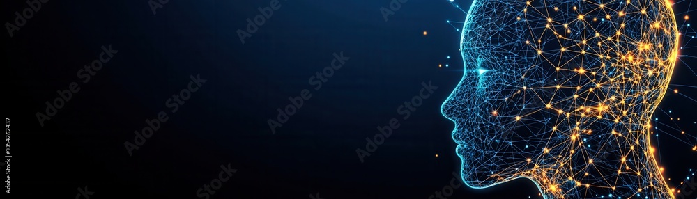 Poster digital profile of a human head with glowing dots representing artificial intelligence and data visu
