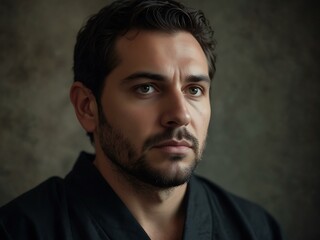 Obraz premium Man in a black robe gazing up, serious expression.