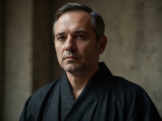 Fototapeta premium Man in a black robe gazing up, serious expression.