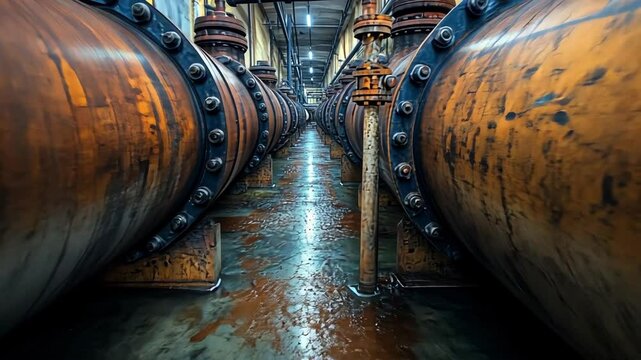 Zoom in of a series of large industrial pipes run parallel to each other in a manufacturing facility. The pipes exhibit noticeable rust and wear, highlighting the aging infrastructure of the location