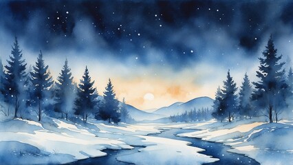 Fototapeta premium Winter Forest Landscape at Sunset with Snow and Stream