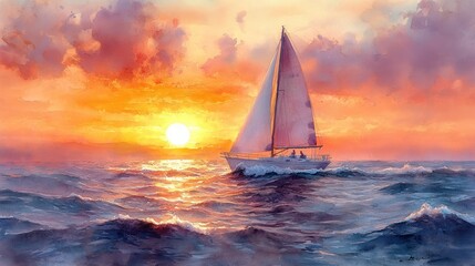 A calm watercolor painting of a sailboat on a peaceful ocean, with subtle waves and a warm sunset in the background.