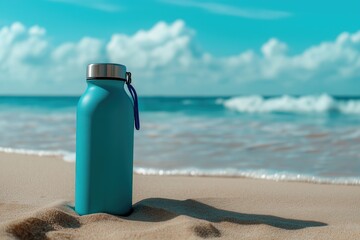 Blue water bottle on sandy beach, clear sky, ocean waves in background, summer