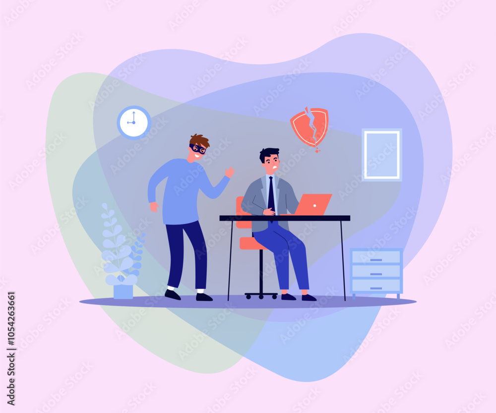 Poster thief in mask breaking through security vector illustration. frustrated man working on laptop while 