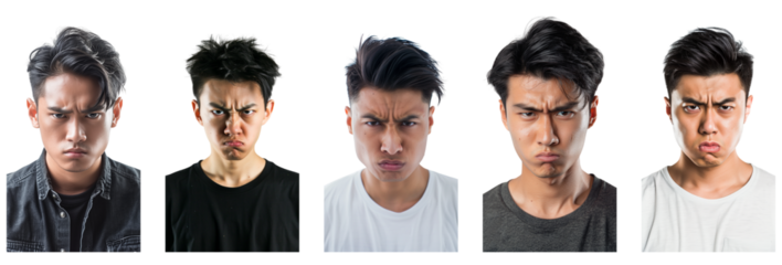 Portrait of young beautiful asian  man with angry expression, isolated on transparent  background, generative ai