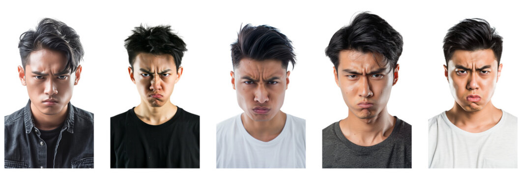 Portrait of young beautiful asian  man with angry expression, isolated on transparent  background, generative ai