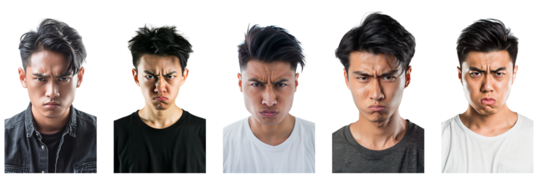 Portrait of young beautiful asian  man with angry expression, isolated on transparent  background, generative ai