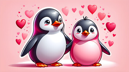 Naklejka premium cute cartoon penguins on a clean background with hearts. Valentine's Day