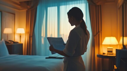 Woman reviewing documents in a hotel room during sunset