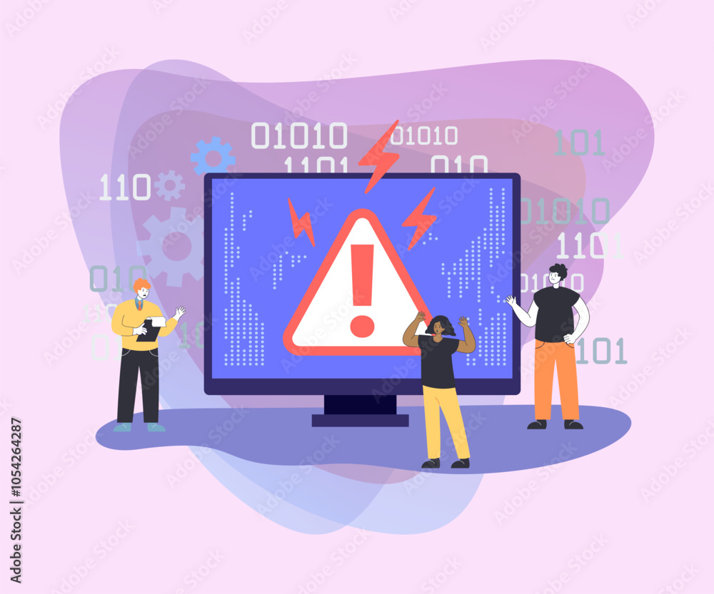 Poster tiny programmers next to screen with error vector illustration. cartoon drawing of monitor with warn