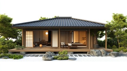 Japanese Zen-Inspired Minimalist House - A Zen-style house isolated on white, featuring a simple layout, wooden elements, and neutral tones, inspired by Japanese aesthetics. 