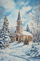 A serene winter scene featuring a church surrounded by snow-covered trees under a blue sky.