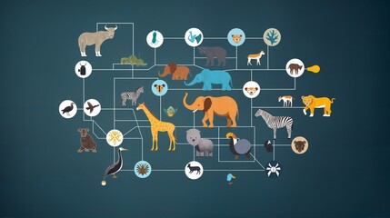 Illustrated taxonomy chart various animal species linked evolutionary relationships