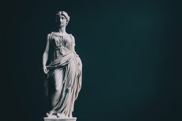 Obraz premium A Classical White Marble Statue of a Woman Draped in Flowing Garments Illuminated by Soft Light Against a Dark Background