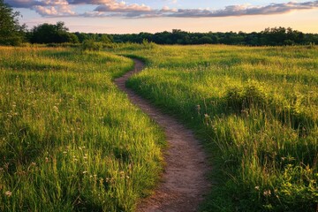 Obraz premium Peaceful winding path through a vibrant field during sunrise. Enchanting natural landscape