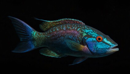 Fototapeta premium Mystic portrait of Queen Parrotfish, close-up on black background.