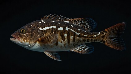 Fototapeta premium Nassau Grouper in left side view, dark background, white space on right.