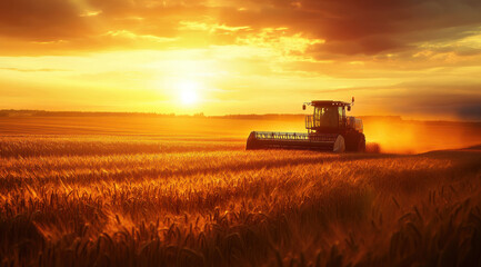 Fototapeta premium tractor harvesting wheat in golden field at sunset, creating serene and productive atmosphere