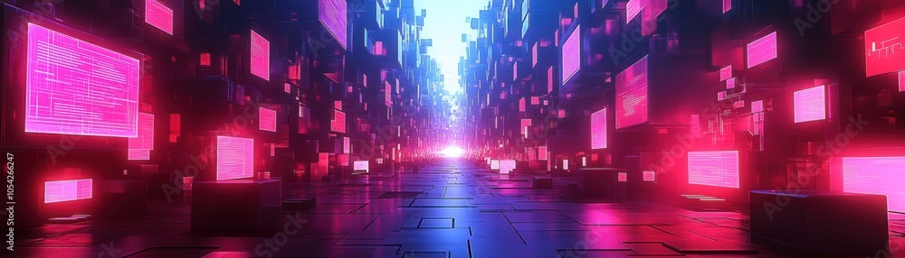 Poster futuristic corridor with glowing blocks and vibrant neon colors, creating a surreal ambiance of adva