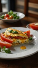 Omelette with fresh tomato slices served in a sunny restaurant.