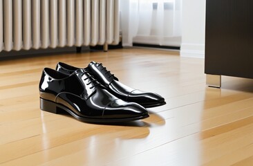 Elegant Black Dress Shoes on Wooden Floor