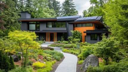 Modern House with Solar Panels and Greenery - A modern house featuring solar panels on the roof, surrounded by trees and gardens, with a pathway leading to the entrance.