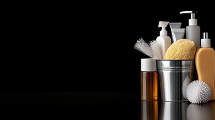 Fototapeta premium A bucket filled with vibrant cleaning supplies stands out on a black background, perfect for efficient home cleaning routines
