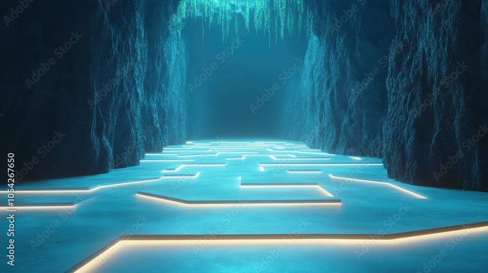 Poster a maze made of light, showcasing a strategy that navigates through abstract complexities.
