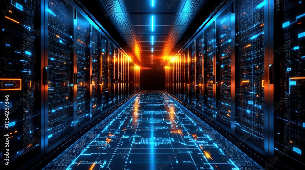 Poster futuristic data center with glowing lights and servers, showcasing advanced technology in a digital 