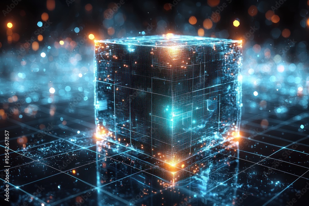Aufkleber Glowing Digital Cube with Abstract Circuitry and Bokeh Lights