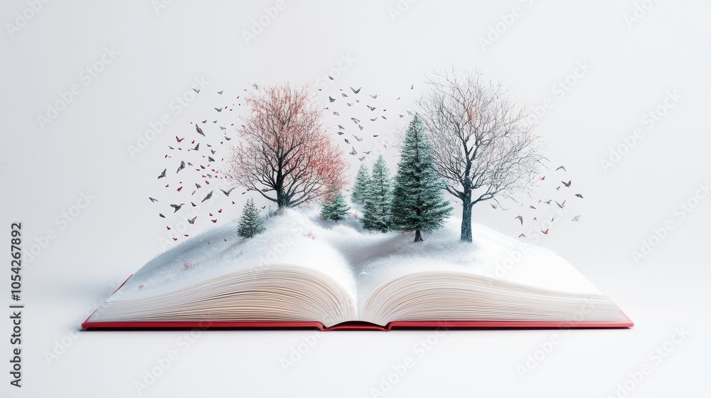Poster a book with pages unfolding into a surreal landscape, showcasing a strategy that explores abstract c