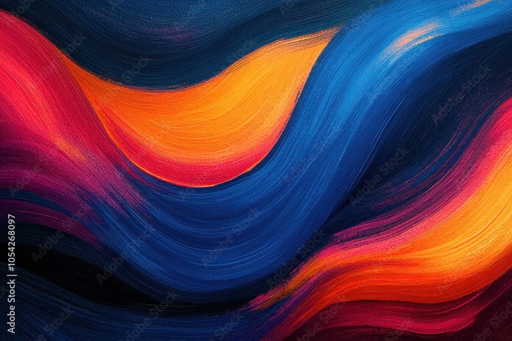 Poster vibrant blue and orange rich textured background, dynamic colorful wave design on dark canvas with t