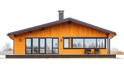 Fototapeta premium Nordic Style House with Wooden Accents - A Nordic-inspired house isolated on a white background, with wooden paneling, large glass windows, and a warm, earthy color scheme. The home has an inviting, 