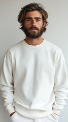 Fototapeta premium scandinavian man with beard in white blank sweatshirt on light background, mockup. mock up