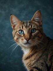 Portrait of a cat with a blue background, leaving space for text.