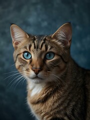 Fototapeta premium Portrait of a cat with a blue background, leaving space for text.