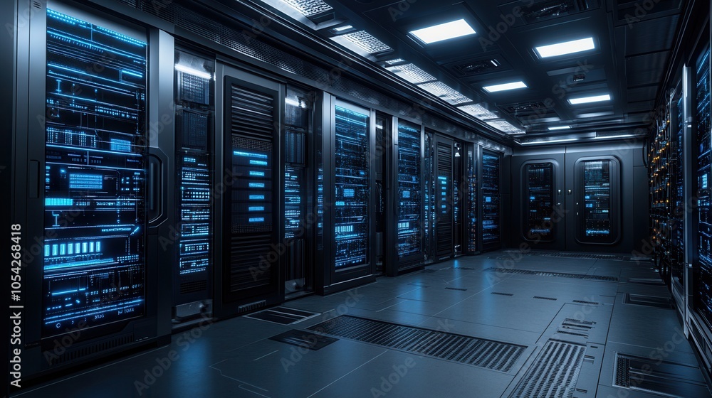 Poster futuristic data center with rows of sleek servers illuminated in blue light, showcasing advanced tec