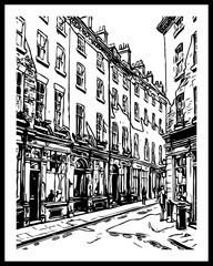 Black and white line art. City landscape. Pattern for printing on wall decorations, fabrics and for use in graphics.