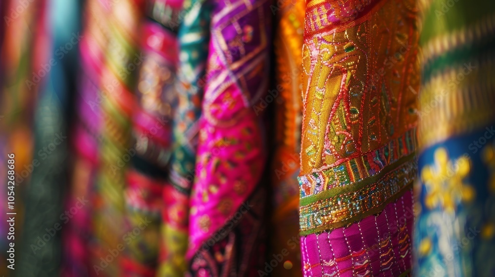 Aufkleber a detailed shot of a vibrant stage backdrop made of traditional fabrics and textiles adding an authe