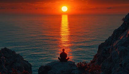 Obraz premium Solitary Figure Contemplating a Fiery Sunset over the Sea