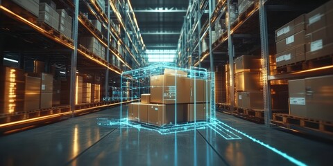 Smart warehouse management system using augmented reality technology to identify package picking and delivery . Concept of future supply chain and logistics